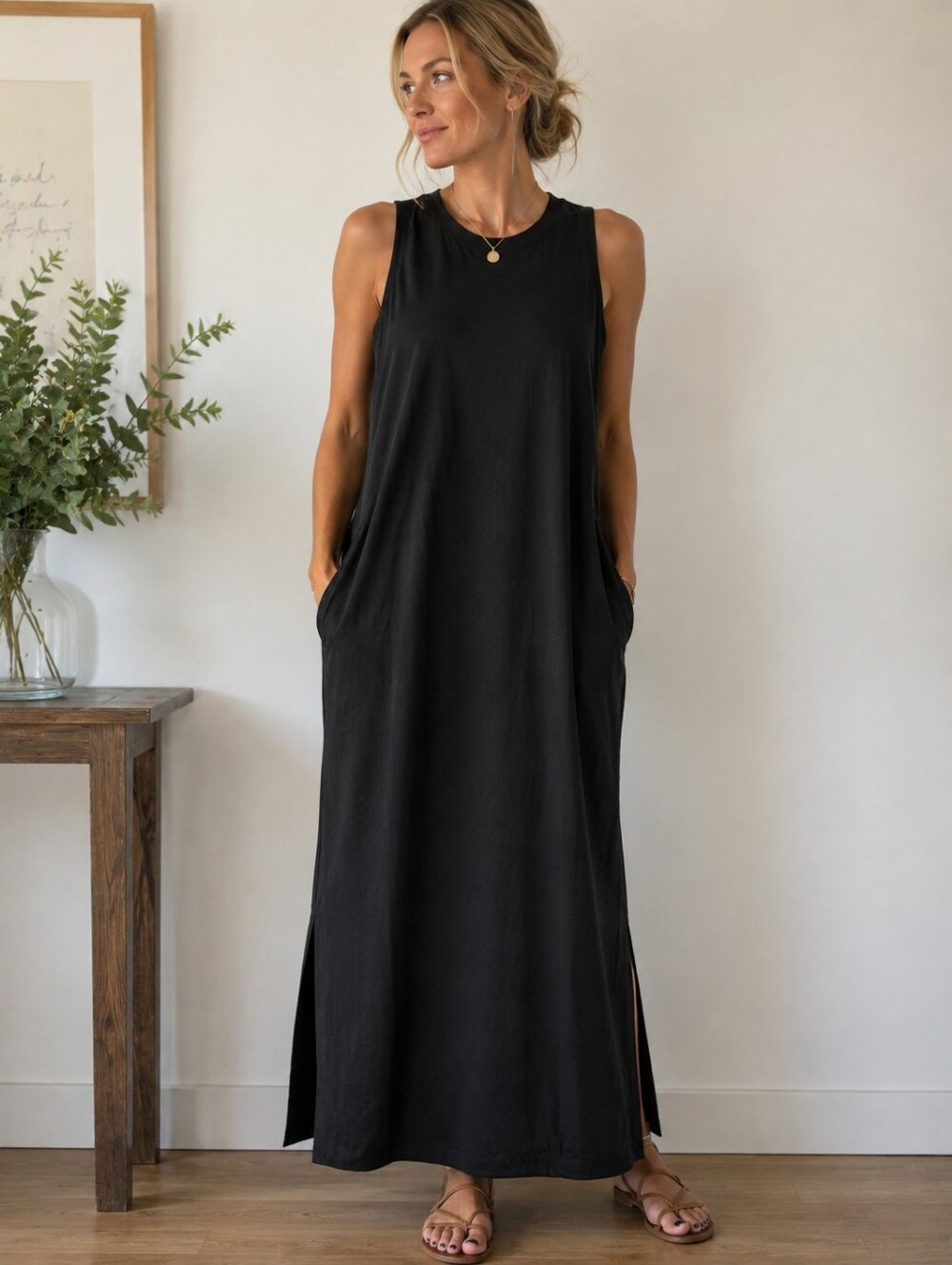 Hyba Sleeveless Maxi Dress with Side Slits & Pockets | Black | XS